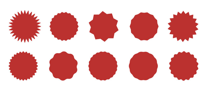  Vintage flat labels. Blank sale stickers, simple silhouette. Red circle stickers. Star burst shape tags for price, shop collection. Wavy edge promo red badges. Graphic illustration.