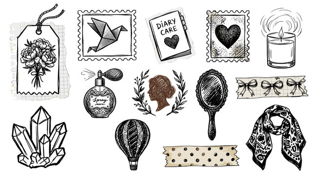 Collection of vintage and retro objects including perfume bottles jewelry and decorative items