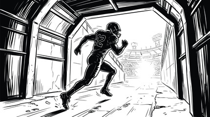 Football player running onto field black and white line drawing illustration american gridiron athlete sportsman back wide receiver jersey number helmet stadium entrance tunnel sports © FOR YOU