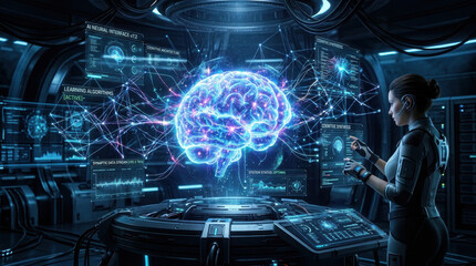 Fototapeta premium Scientist Analyzing Glowing Neural Network Interface in Futuristic High-Tech Laboratory