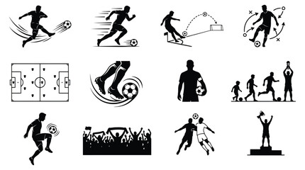 Soccer football player silhouettes and field diagrams black vector illustration on white background futbol athlete sportsman kicker striker goalkeeper stadium pitch goal net diagram schematic © FOR YOU