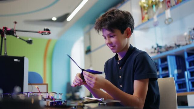 Tracking shot teen boy assembling drone propeller on classroom workbench in educational lab with handheld.