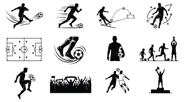 Soccer football player silhouettes and field diagrams black vector illustration on white background futbol athlete sportsman kicker striker goalkeeper stadium pitch goal net diagram schematic