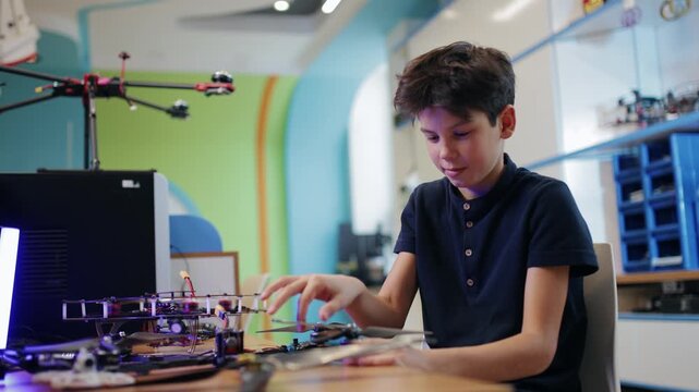 Handheld shot of boy assembling drone on classroom workbench in makerspace with subtle pan.