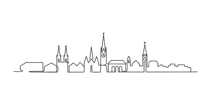 Continuous single line drawing of zurich city skyline with towers and historic buildings in a simple minimalist style for travel and architectural design Vector, illustration