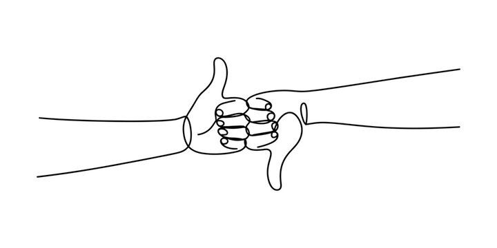 Continuous single line drawing of two hands showing thumb up and thumb down symbols representing positive and negative feedback or opposing choices Vector, illustration