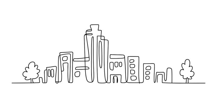 Continuous single line drawing of a modern city skyline with tall buildings and small trees in a minimalist artistic style for urban design projects Vector, illustration
