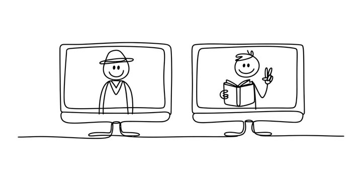 Hand drawn doodle of two computer monitors showing happy cartoon stick figures on screens for online education virtual meeting and remote work concepts Vector, illustration