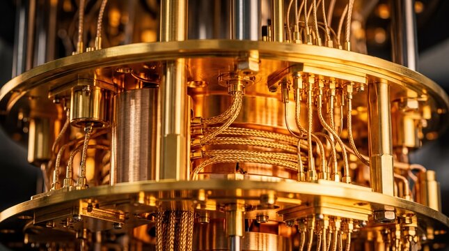 futuristic technology, a detailed close-up of a glowing gold quantum computing refrigerator core
