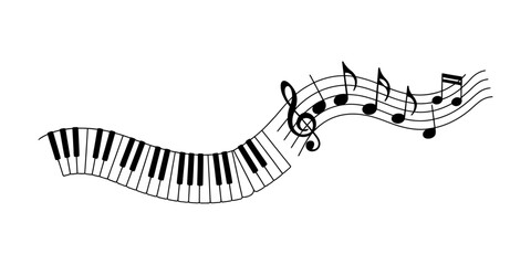 Wavy piano keyboard transforming into musical notes and staff lines for creative music design Vector, illustration © Coloring Pages Line 