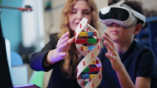 Teacher with tablet computer and Boy wearing vr headset interacting with dna model in classroom, AI intelligence technology for child in school.