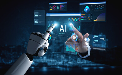 Obraz premium AI business intelligence interface featuring real-time AI data visualization, predictive AI model graphs, and automated report tools driven by AI artificial intelligence for business solution. Corpus