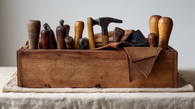 Rustic Wooden Box Filled with Vintage Cobbler Hand Tools on White Linen Cloth. AI generated image