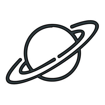 Vector illustration of a ringed planet line icon showing a spherical celestial body encircled by orbital rings, great for astronomy, science, and space-themed designs.