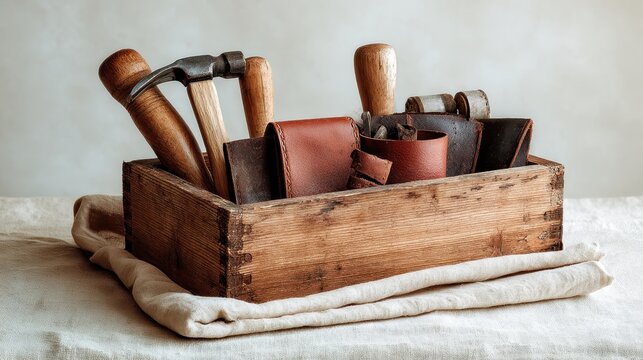 Rustic Wooden Box Filled with Vintage Cobbler Hand Tools on White Linen Cloth. AI generated image