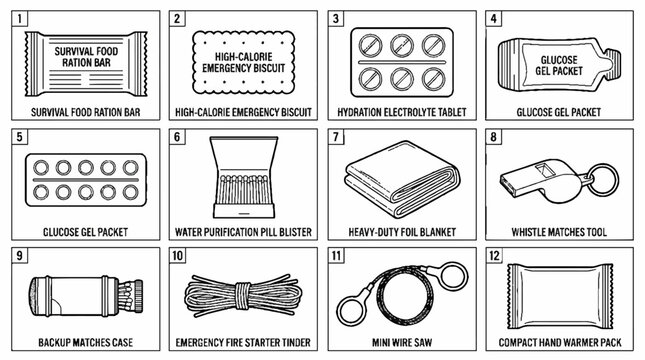 Emergency Survival Kit Icons Set with Food Rations and Safety Tools.