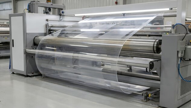Medium shot of clear industrial laminate sheets smoothly extruding and rolling on a hightech production line in a bright clean factory environment.