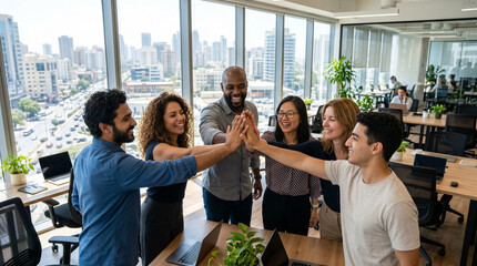 Fototapeta premium Six diverse colleagues give a collective high-five while laughing and celebrating a business win in a modern open-plan office with panoramic city windows and tropical plants in the background.