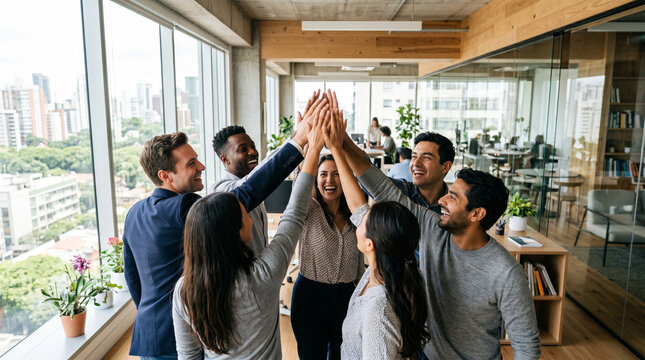 Energetic diverse team of six stands in a group high-five celebration inside a modern timber-lined office with large windows overlooking a green city skyline, great for team success content.