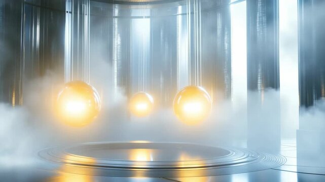 Golden spheres on a white studio podium