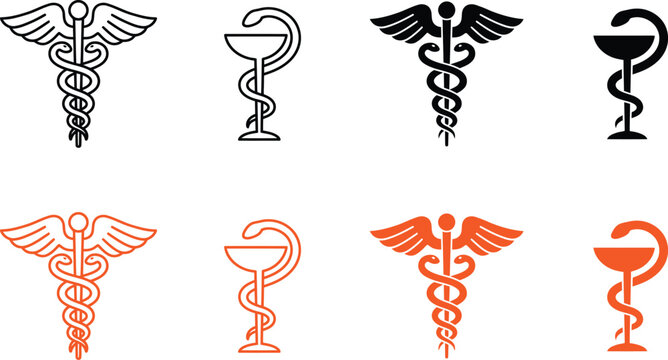 Medical Symbols Icon Set with Rod of Asclepius and Caduceus Vector Collection