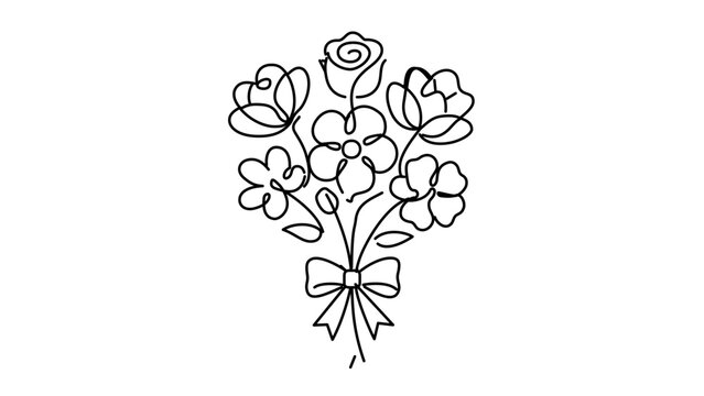 Vector illustration of a flower bouquet line icon depicting clustered blossoms bound together with stems, suited for lifestyle, floral shop, and spring season UI designs.