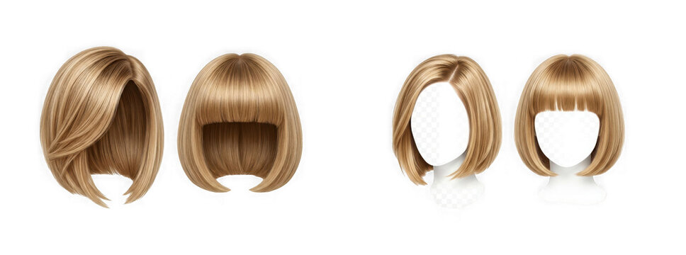 Set of blonde bob hairstyles with and without bangs isolated on transparent background