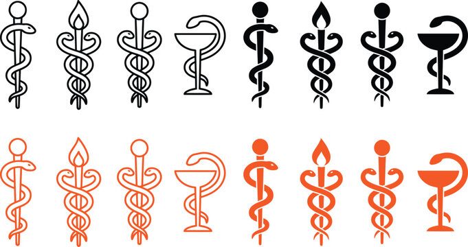 Medical Symbols Icon Set with Rod of Asclepius and Caduceus Vector Collection