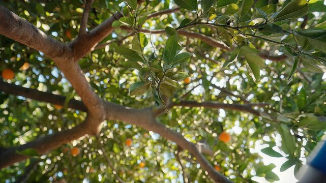 Orange, ripe and vibrant on tree branch, gloved hand picking, representing harvest and abundance, symbolizing freshness and agriculture.