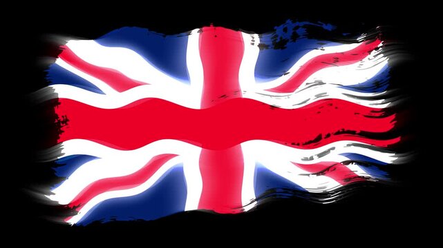 Waving torn United Kingdom flag grunge brush burn light leaks, transparent background alpha channel loop full HD