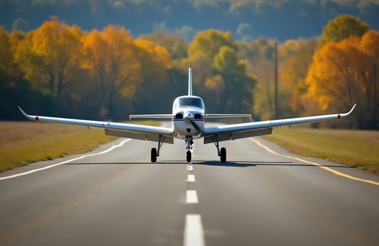 Small aircraft waits on runway. White propeller plane on tarmac with autumn trees in background. Anticipation for flight, travel journey, aviation adventure, personal transport.