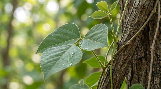 A close-up of butea superba leaves showing the trifoliate leaf structure and fine hairs growing on a rough textured tree trunk in a natural forest setting