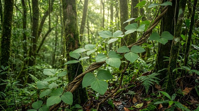 Butea superba growing as a wild tropical vine climbing up mossy tree trunks in a dense lush forest with dappled sunlight filtering through the canopy