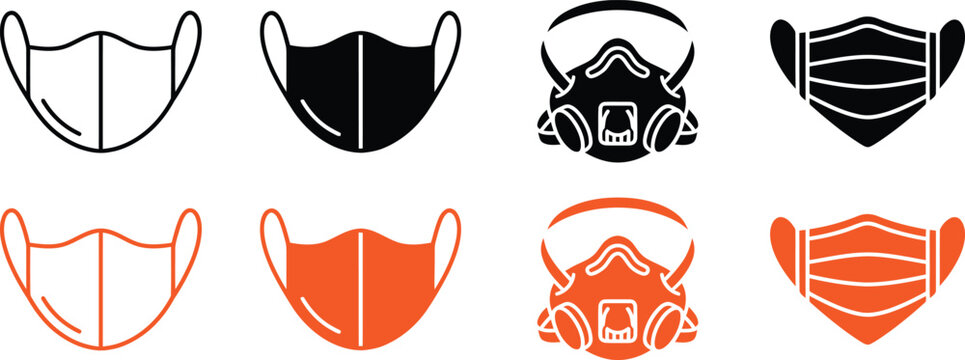 Assorted face mask icons in black and orange for safety and health awareness campaigns