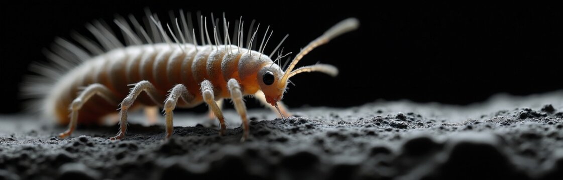 Small pale insect with many thin spines walks on dark textured ground. Features visible antennae legs and segmented body. Extreme close-up macro shot reveals tiny organism detail.