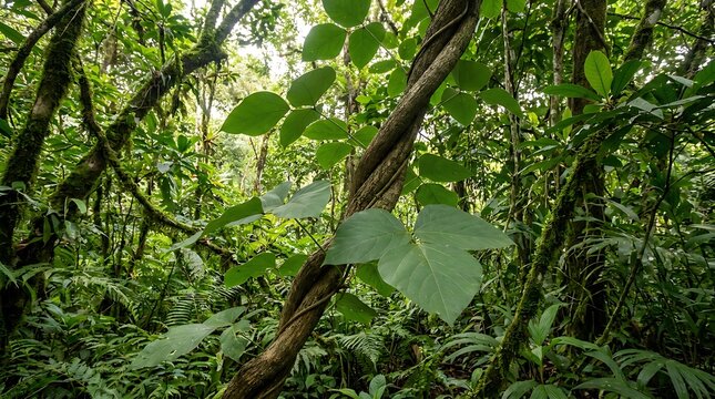 Butea superba climbing vine with green trifoliate leaves growing on a tree trunk inside a lush tropical rainforest environment in Southeast Asia