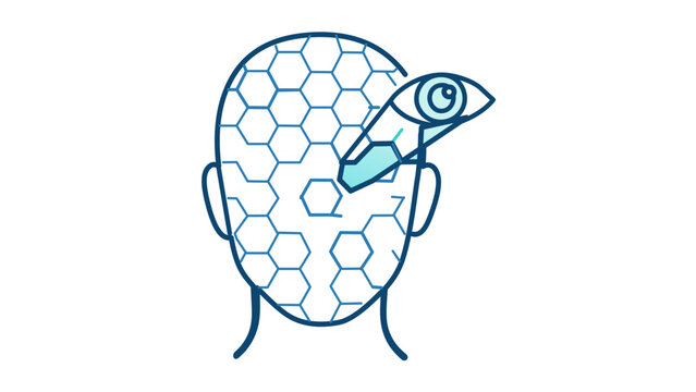 Vector illustration of a facial recognition scan wireframe line icon presenting a human profile face overlay with keypoints representing modern biometric verification and smart unlock systems.