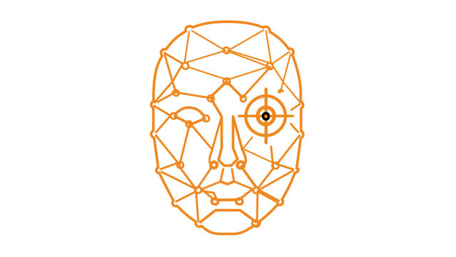 Vector illustration of a facial recognition scan wireframe line icon depicting a face outline with scan grid points used in biometric identification and surveillance technology.