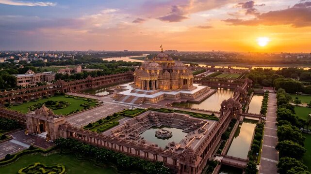 golden sunset over swaminarayan akshardham complex aerial panorama orbit