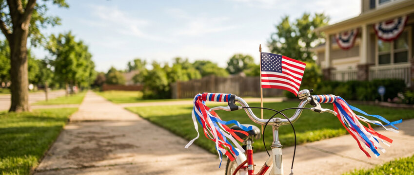 Bicycle with American flag and patriotic ribbon streamers attached to handlebar. Suburban street background decorated for Independence Day holiday. Fourth of July festive spirit concept.