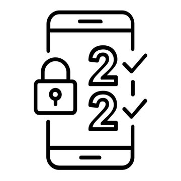 Vector illustration of a two step verification locked smartphone line icon depicting a mobile phone with a padlock and code prompt in clean minimalist outlines for cybersecurity themes