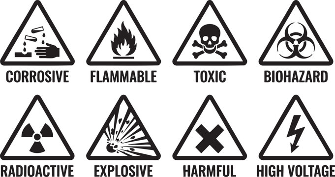 Hazard symbol collection corrosive flammable toxic biohazard radioactive explosive harmful high voltage signs