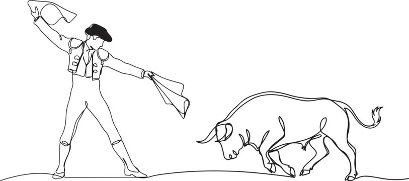 Spanish bullfighter - Matador in single outline illustration. Continuous line art drawing of matador during the bullfight. one line icon drawing vector