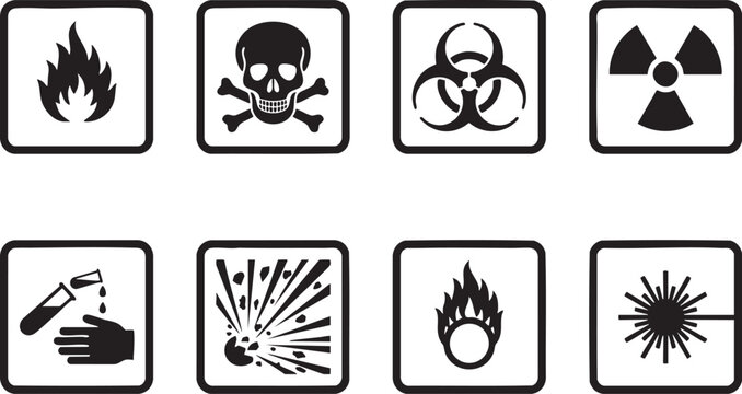 Collection of hazardous warning signs and symbols for safety and caution