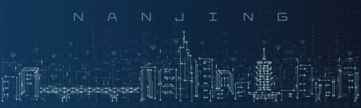 Nanjing Smart City Skyline Vector in Circuit Board Style Futuristic Technology Background
