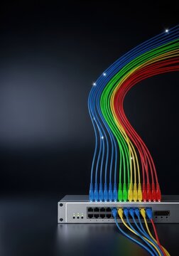 Sleek networking device with many cables connected, illustrating centralized data flow and communication infrastructure for modern systems, interface, hub, centralized