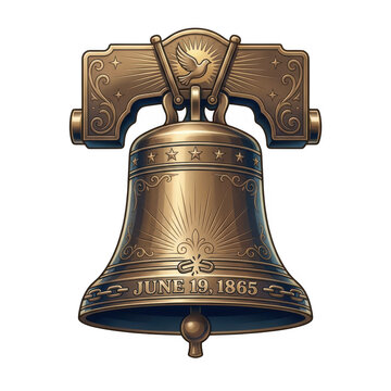 Juneteenth freedom bell illustration with June 19 1865 text engraving, broken chains, and a flying dove, vintage bronze liberty bell concept asset isolated on transparent background