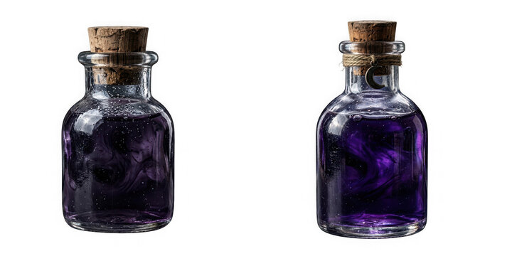 Two glass bottles with purple magical liquid and cork stoppers isolated on transparent background