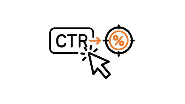 Vector illustration of a click through rate cursor pressing a button line icon representing digital ad engagement metrics and conversion performance in a clean outlined design.