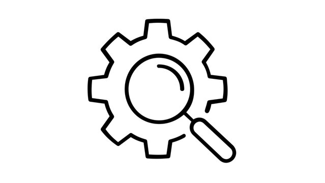 Vector illustration of a search engine optimization gear and magnifying glass line icon depicting SEO tools combining search analysis and configuration in a single symbol